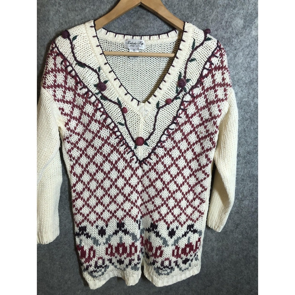 Vintage Kimberly Hope Sweater Small Cream Fair Isle Embroidered V Neck Cottage
